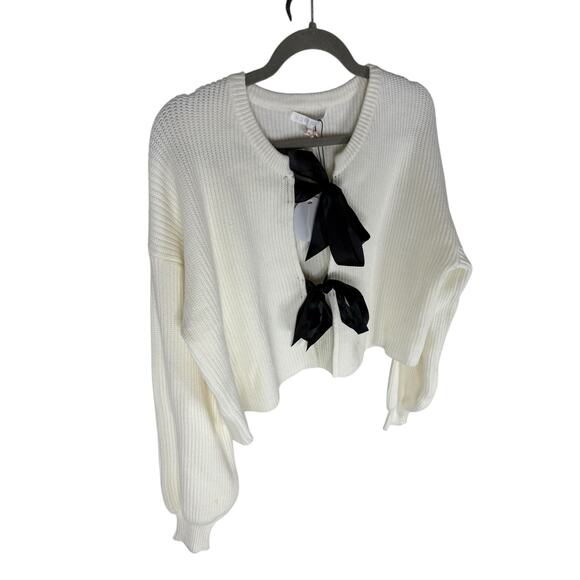 More To Come Darlene Bow Cardigan Ribbed Knit Coquette Cottagecore Ivory XS - Picture 4 of 11